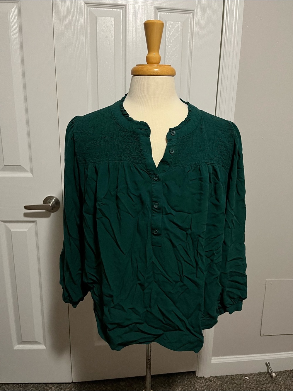 Lane Bryant Dark Green Button-Front Peasant Blouse
